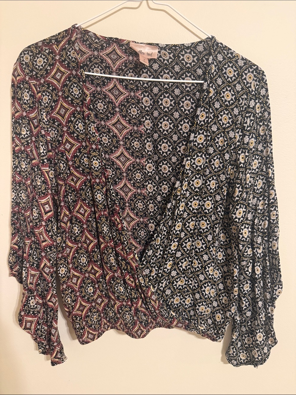 Mixed Print Wrap Blouse - Black & Maroon Accent